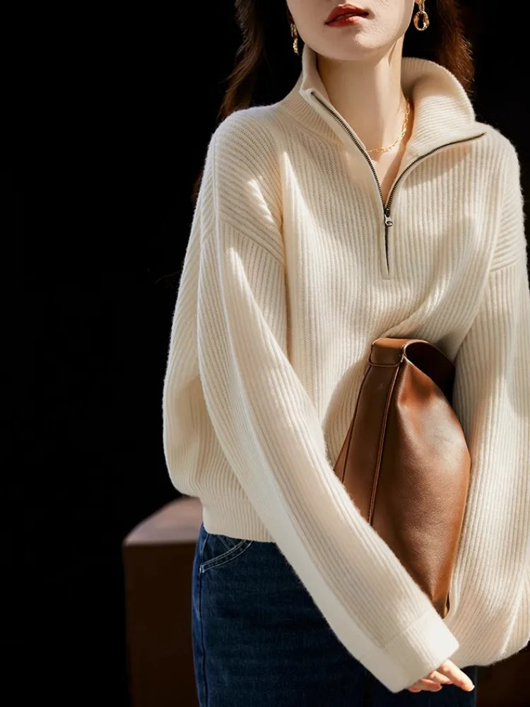 100% pure cashmere sweater women's half zip stand collar thick loose lapel pullover sweater