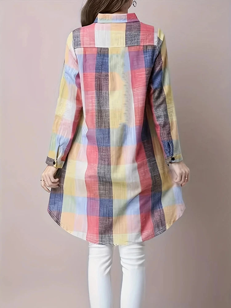 Women's Loose Checked Long Sleeve Collared Shirt