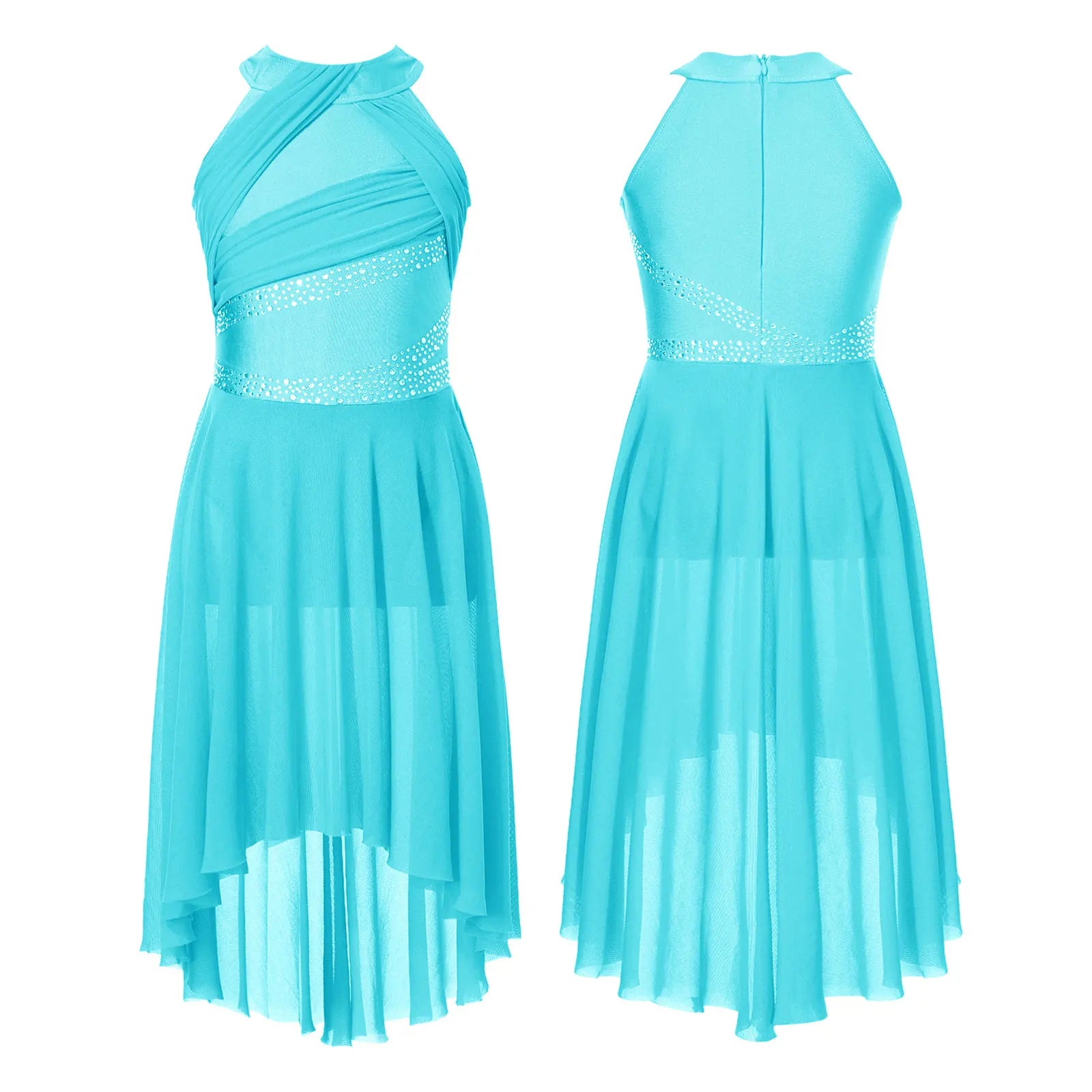 Girls' Sleeveless Rhinestone Ballet Dress with Asymmetric Mesh Skirt Overlay