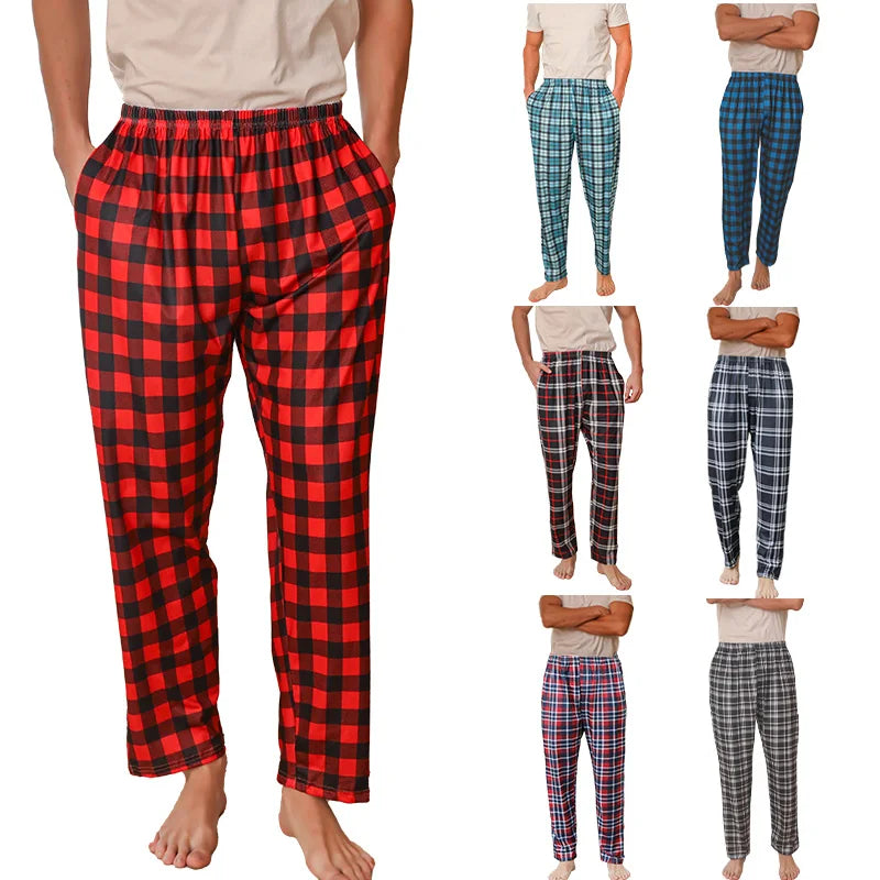 Men's Plaid Elastic Waist Long Pajama Pants for Home Wear