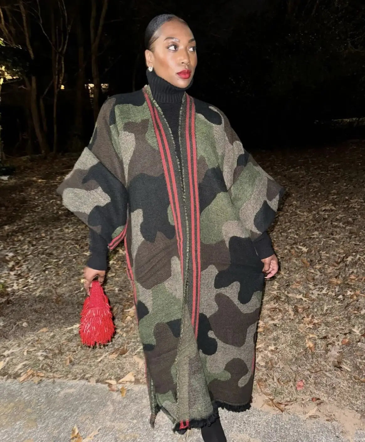 Camouflage Hooded Front Opening Poncho for Layering over Outfits