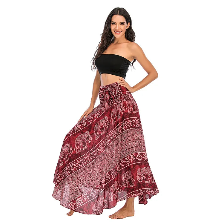 Women's Printed Nylon Harem Pants with Smocked Waist and Convertible Styling