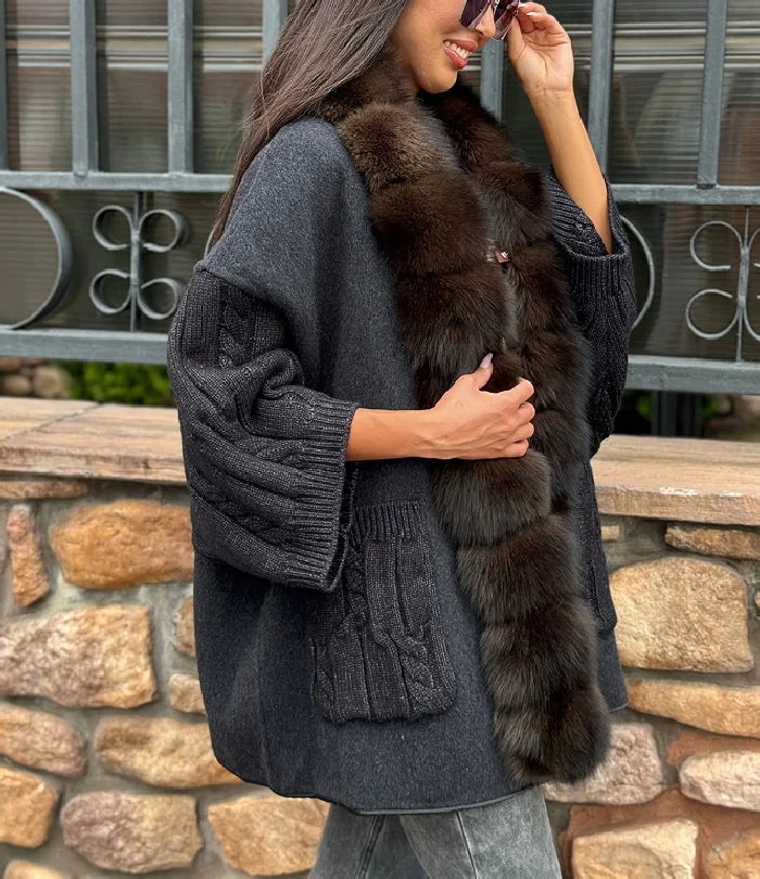 Cable Knit Plush Collar Poncho for Layering over Outfits