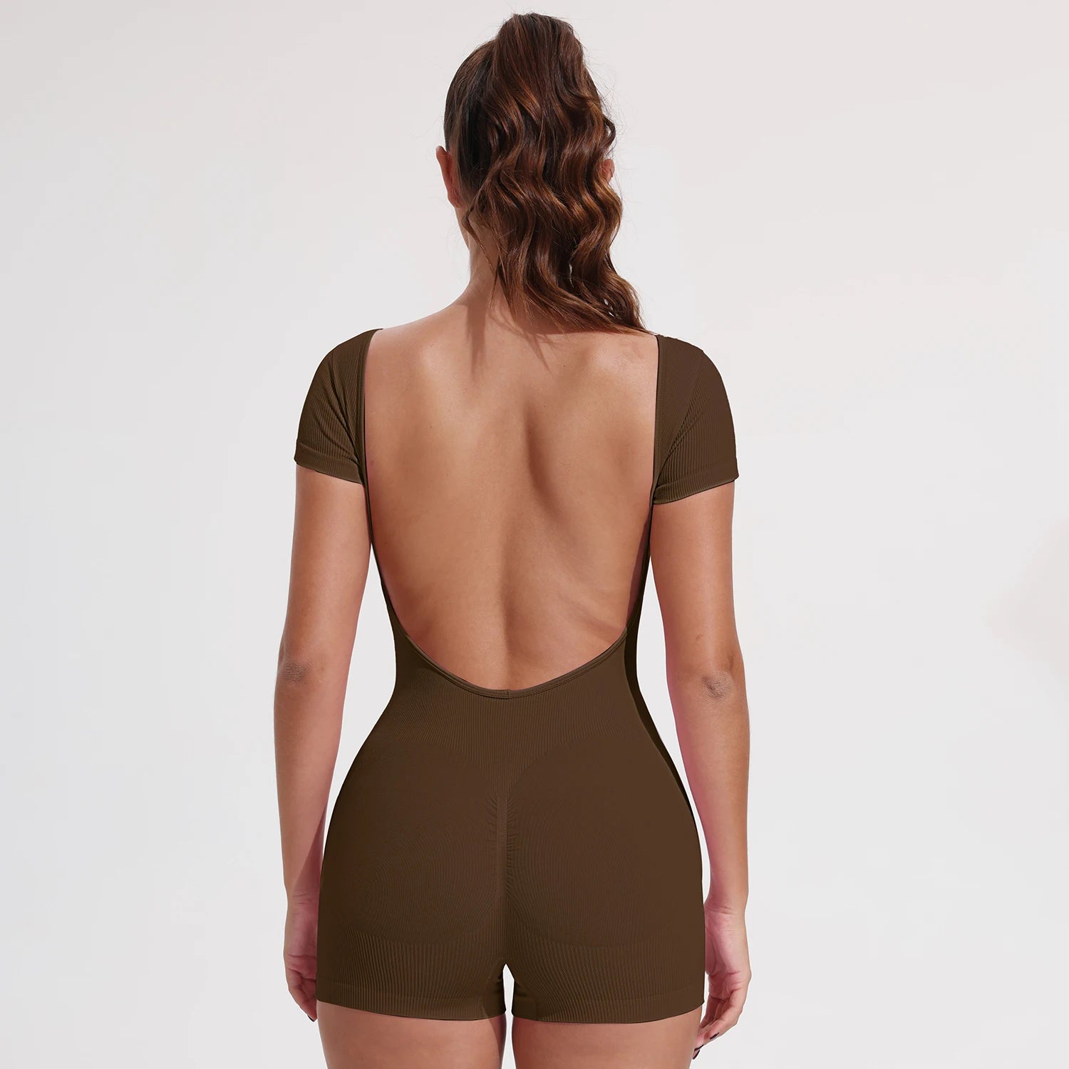 Women's Scoop Neck Nylon Blend Romper with Cap Sleeves and Open Back