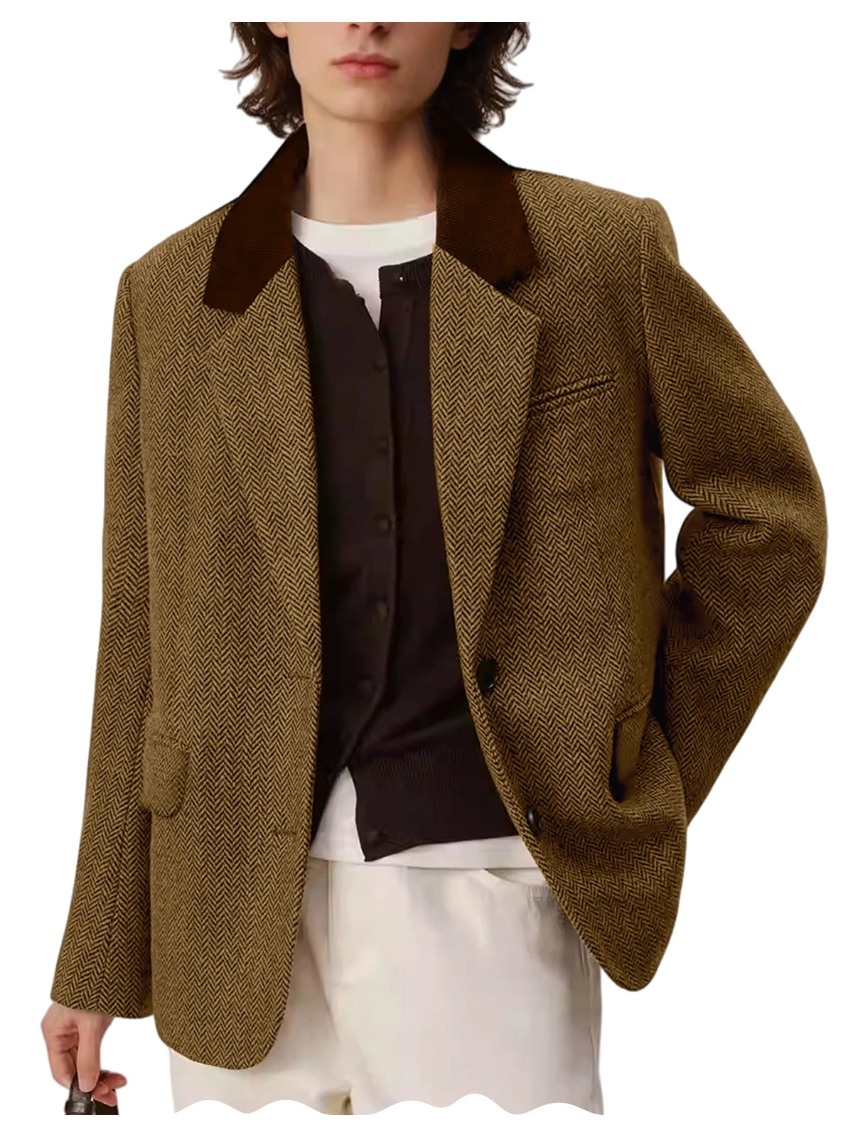 Men's Herringbone Two-Button Notch-Lapel Blazer with Contrast Collar