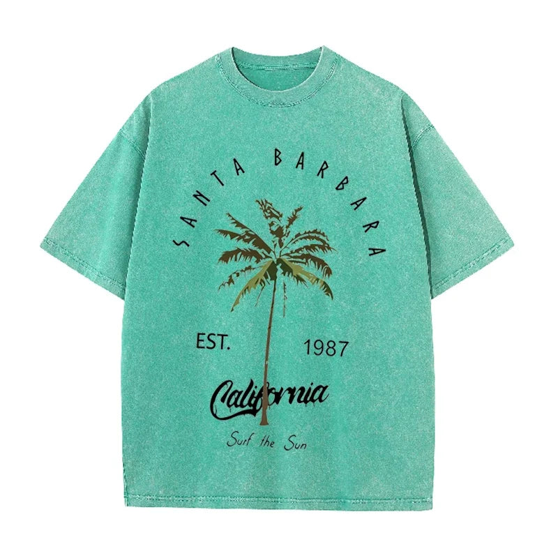 Vintage Palm Tree Print T Shirt Santa Barbara Retro Washed Cotton Tee