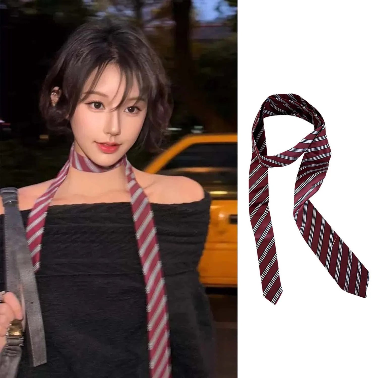 Printed Narrow Long Scarf with Pointed Ribbon Ends