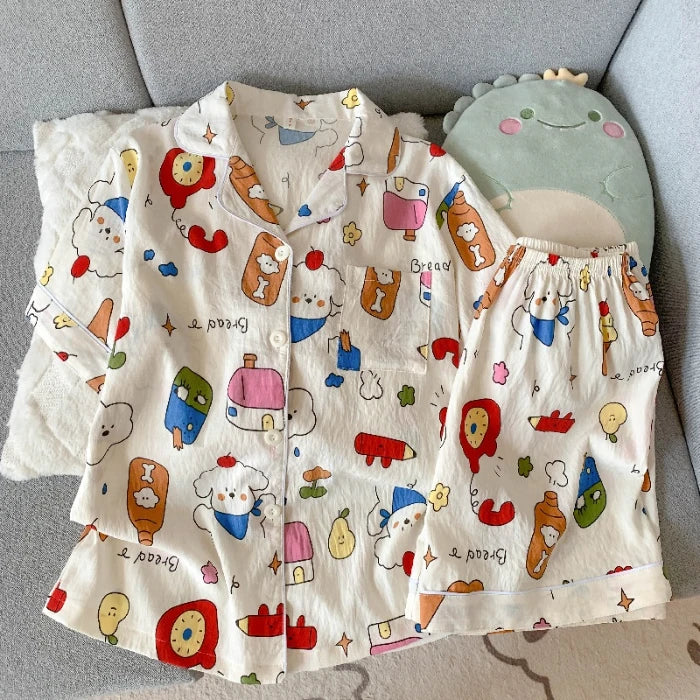 Women's Dog Motif Checked Button Front Pajama Set with Top and Shorts