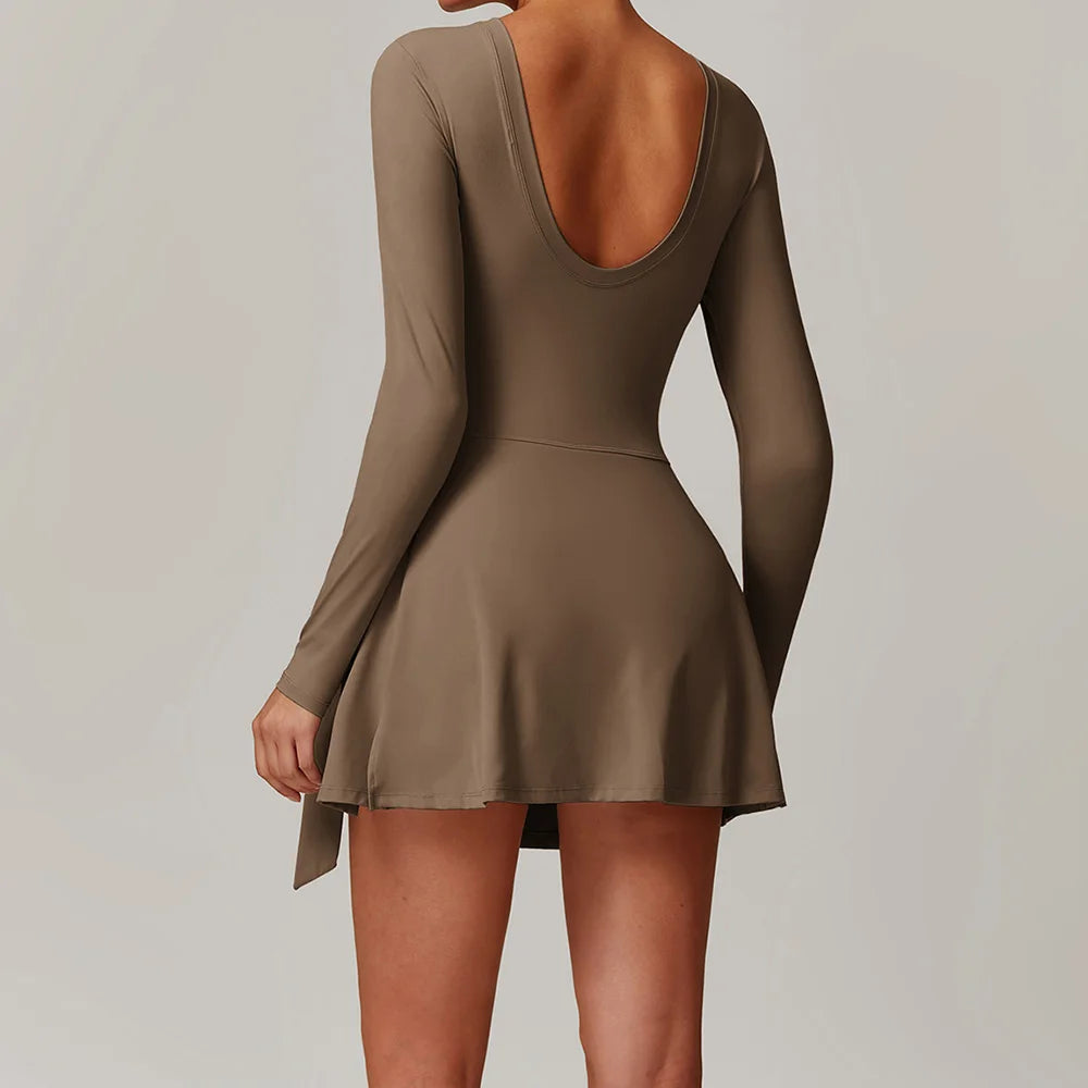 Women's Long Sleeve Nylon Blend Athletic Dress with Side Tie Skirt