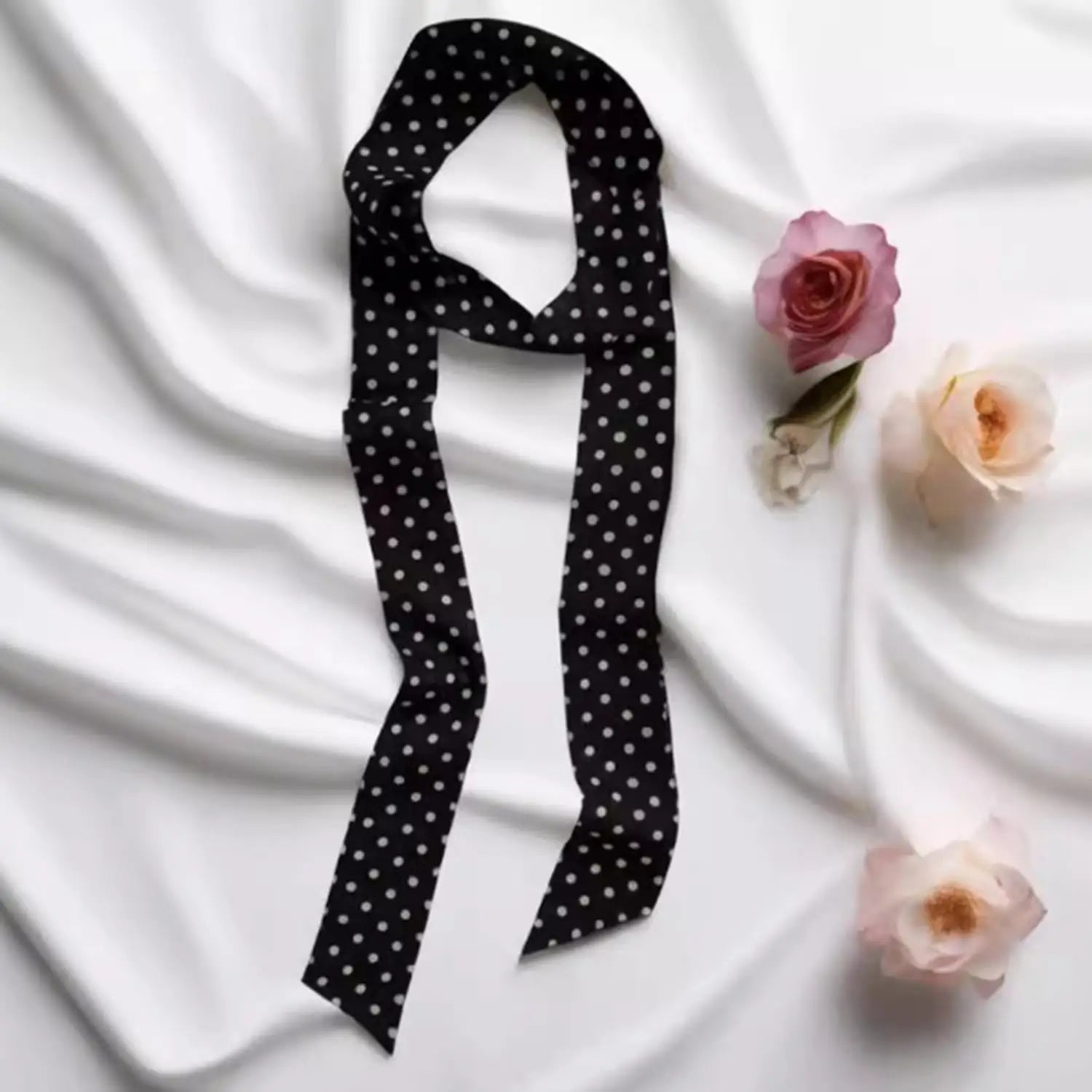 Printed Narrow Long Scarf with Pointed Ribbon Ends
