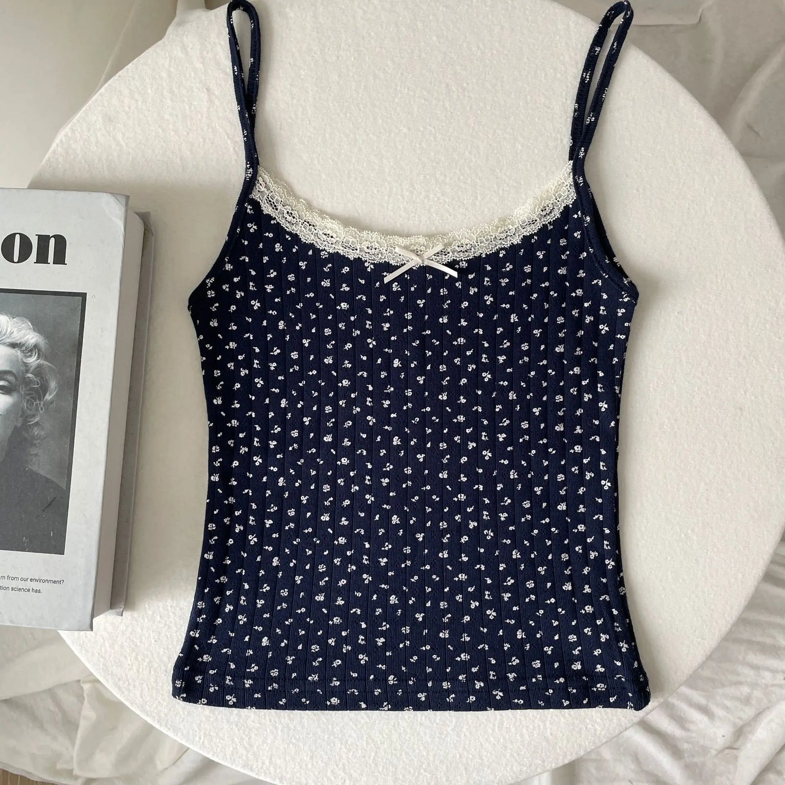 Women's Lace Trim Cotton Camisole with Bow Detail and Multiple Pattern Options