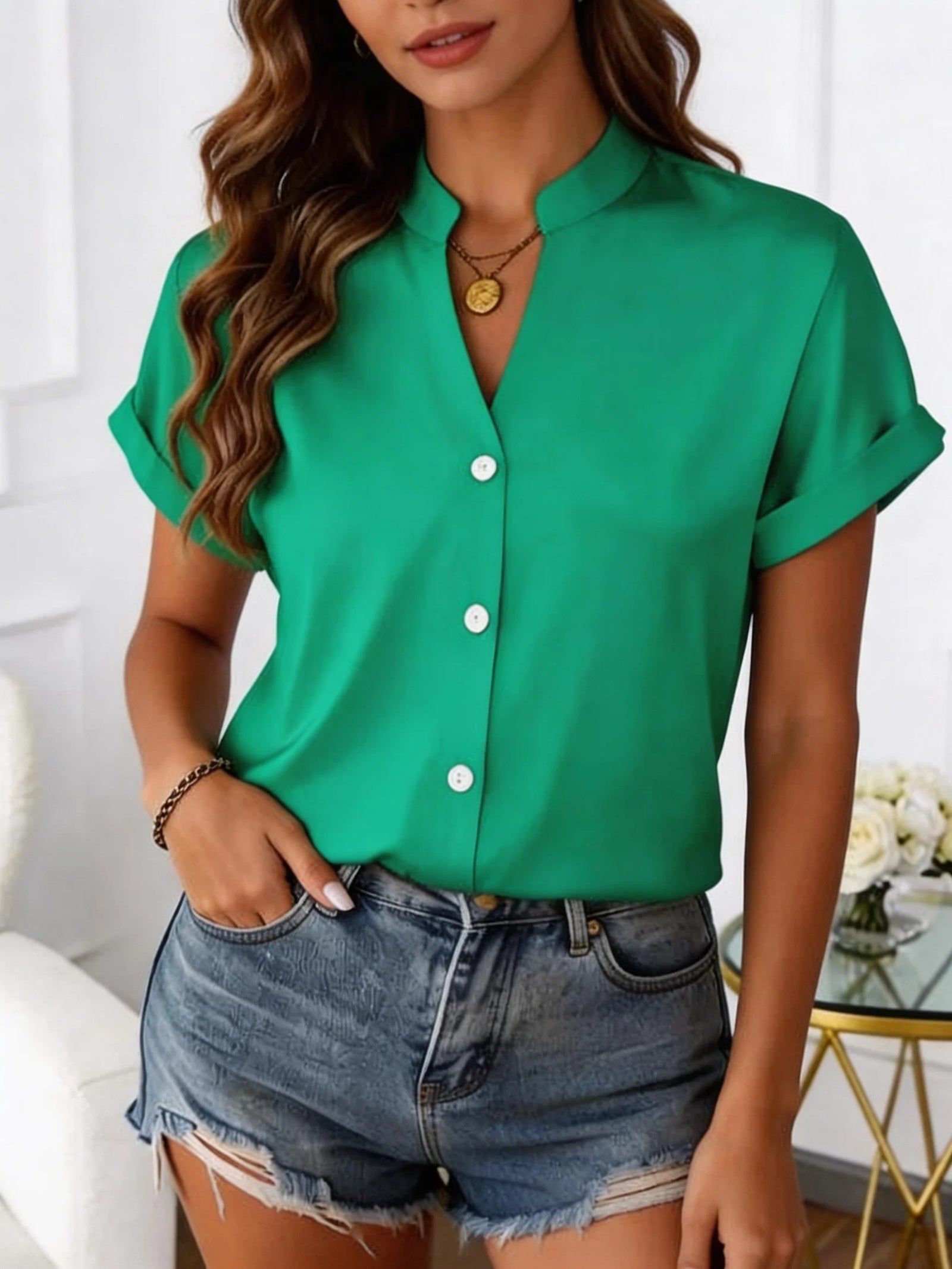 Women's V Neck Short Sleeve Button Front Blouse