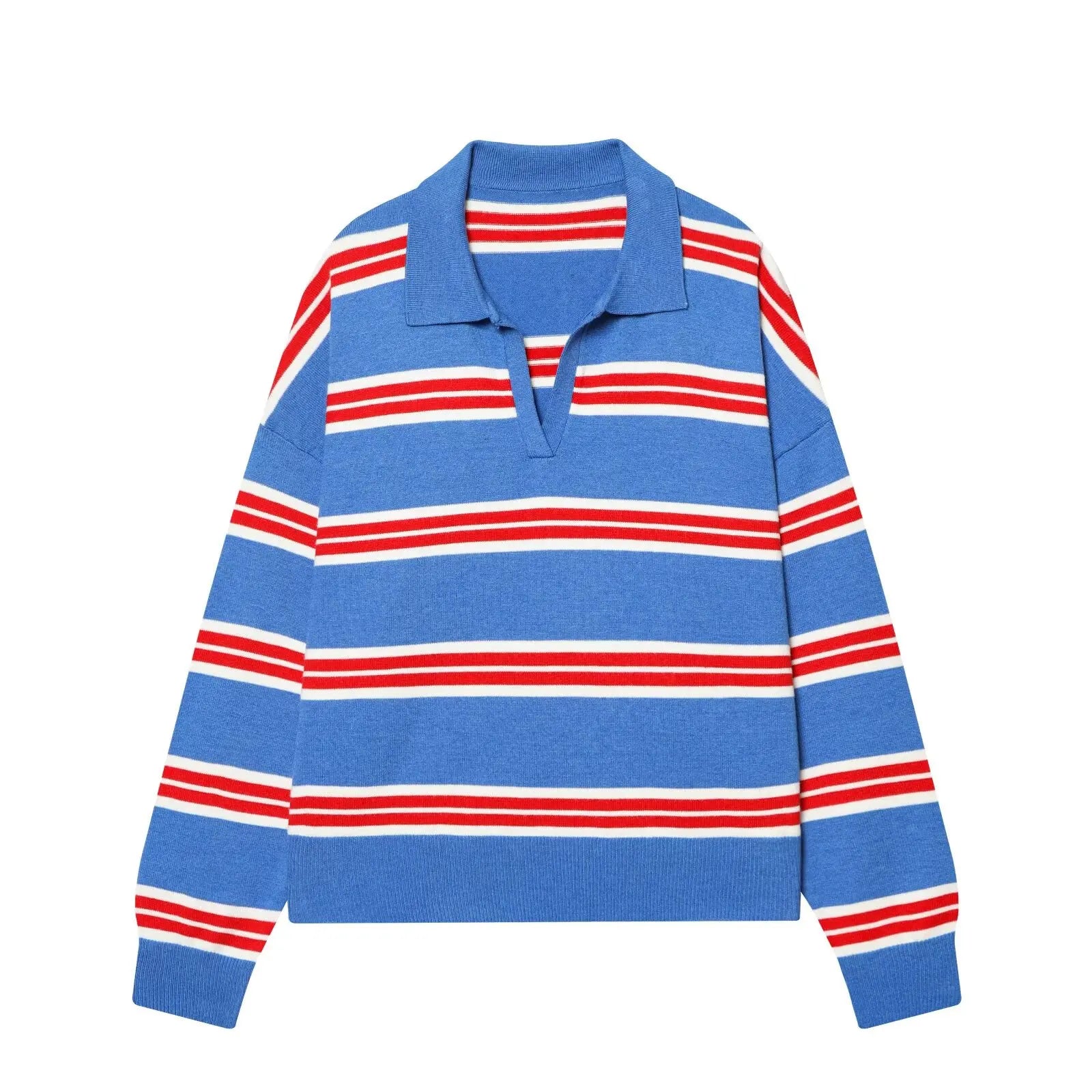 Women's Striped Polo Collar Loose Fit Sweater Casual Knit Layer