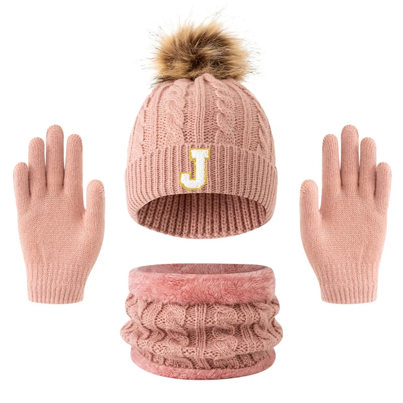 Children's Letter Knitted Hat Scarf and Gloves Set for Winter Wear