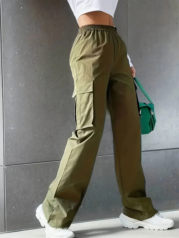 Women's Wide Leg Cargo Pants with Elastic Waist and Flap Pockets