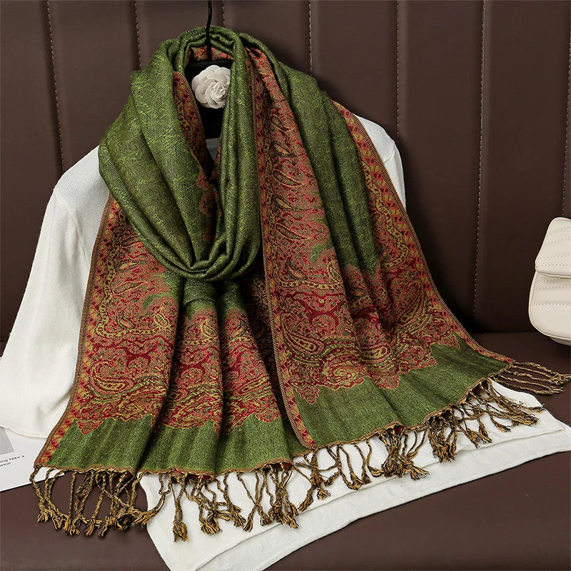 Paisley Floral Print Long Scarf with Fringed Ends