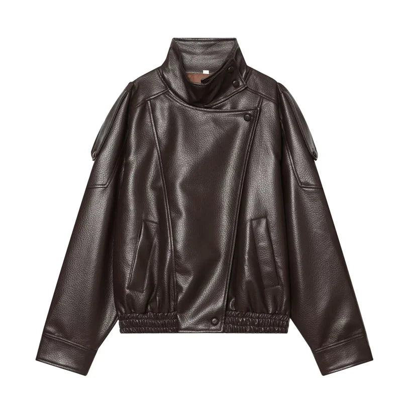 Women's Stand Collar Faux Leather Jacket for Layered Outfits