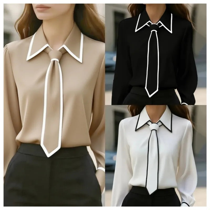 Women's Contrast Trim Tie Neck Long Sleeve Blouse