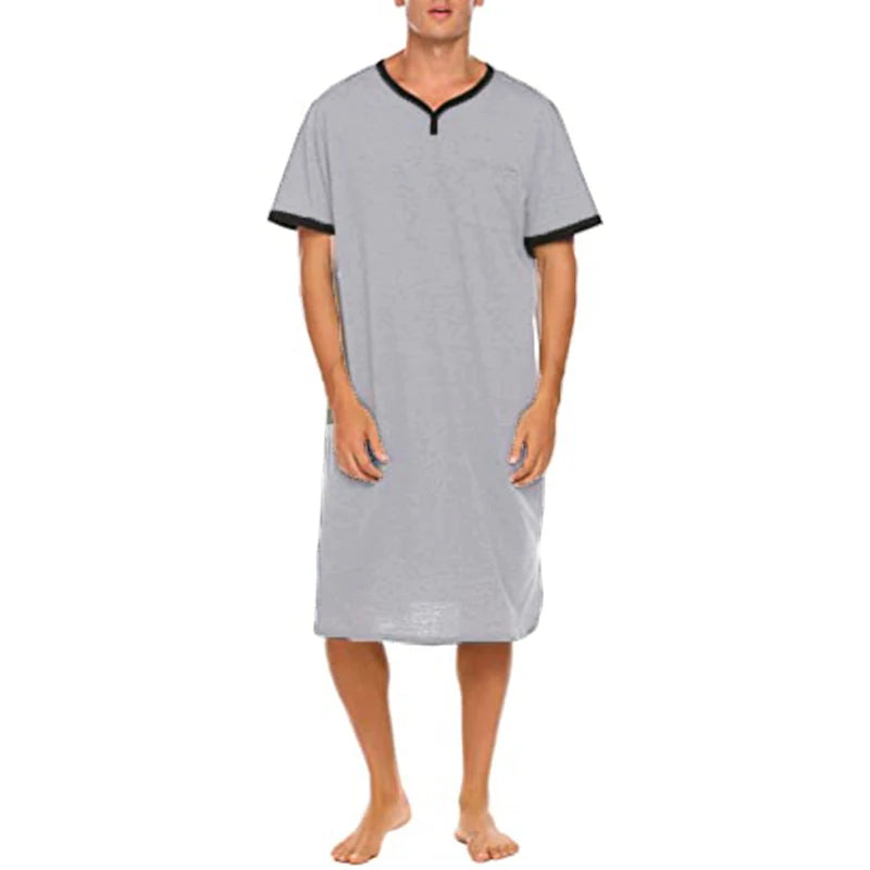Men's Solid Short Sleeve Button Neck Lounge Sleep Nightdress