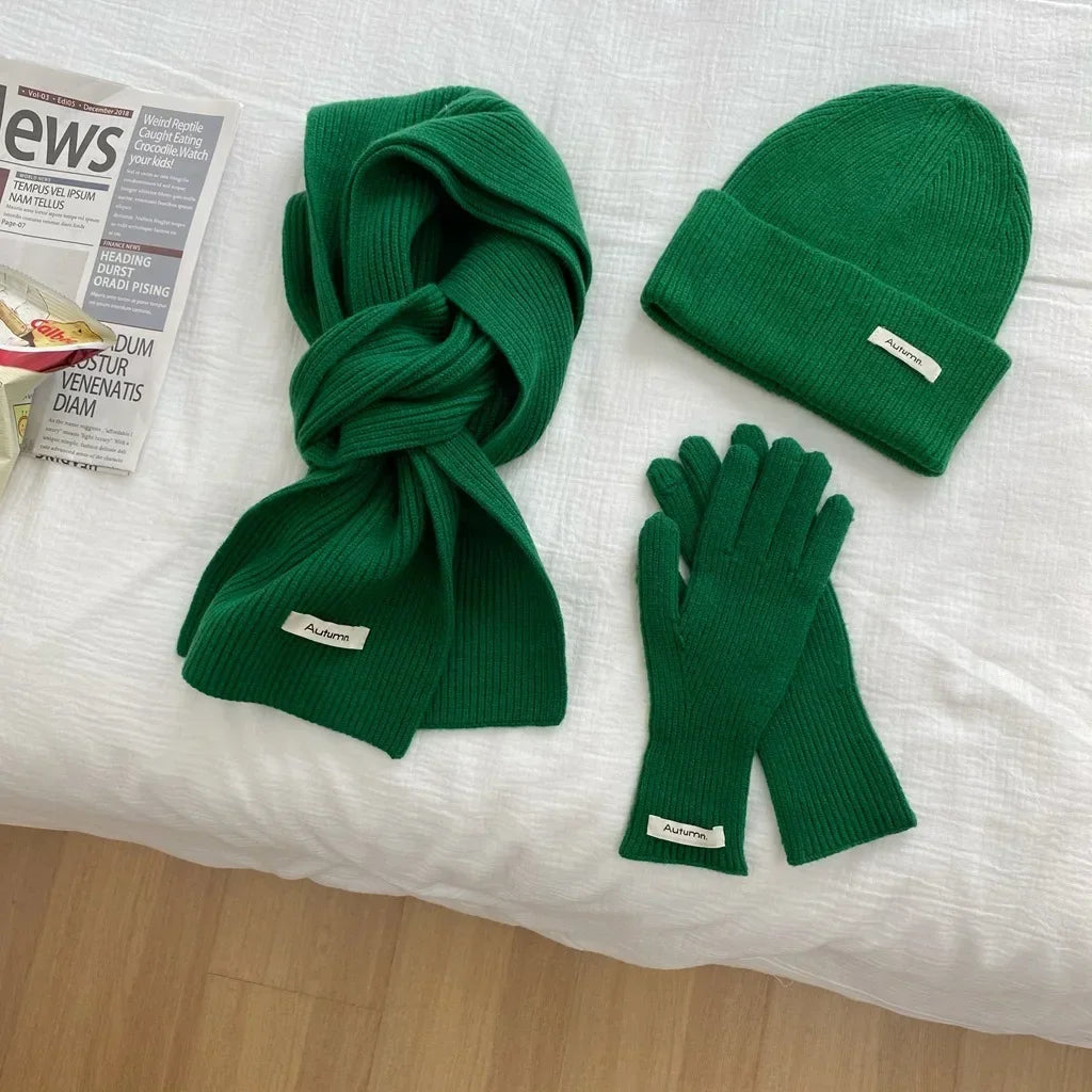 Women's Solid Knitted Hat Scarf and Gloves Set for Winter Wear