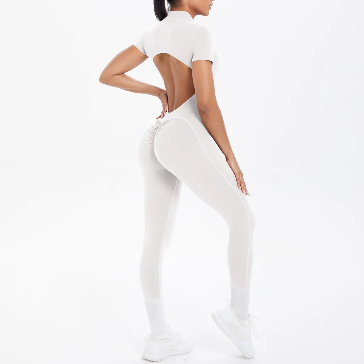 Women's Zip Front Nylon Blend Workout Jumpsuit with Open Back and Sleeve Options
