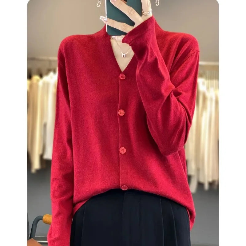 Light luxury retro style! V-neck pure cashmere knit cardigan women's autumn and winter loose wool top bottom sweater coat
