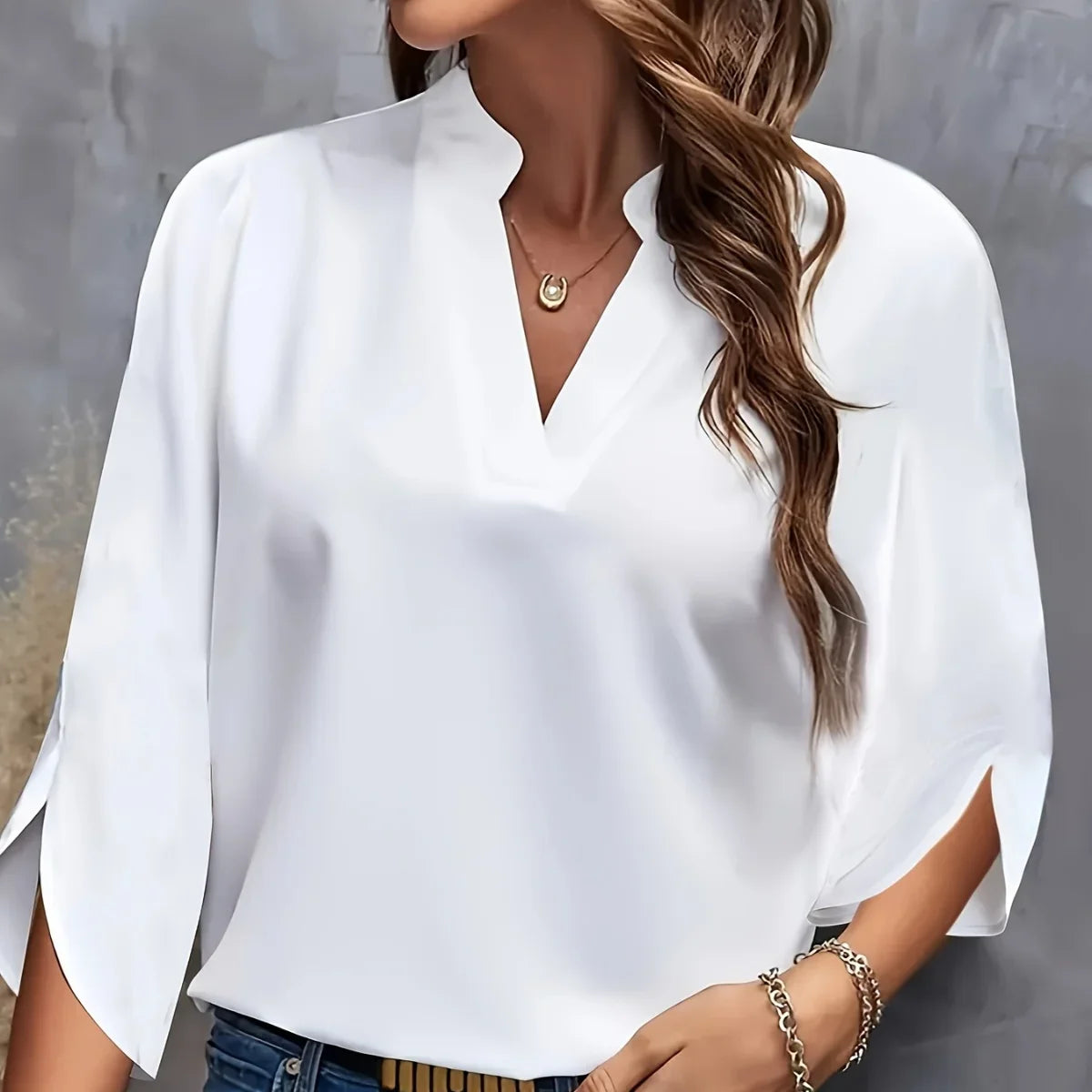 Women's V Neck Blouse with Split Sleeve Cuffs