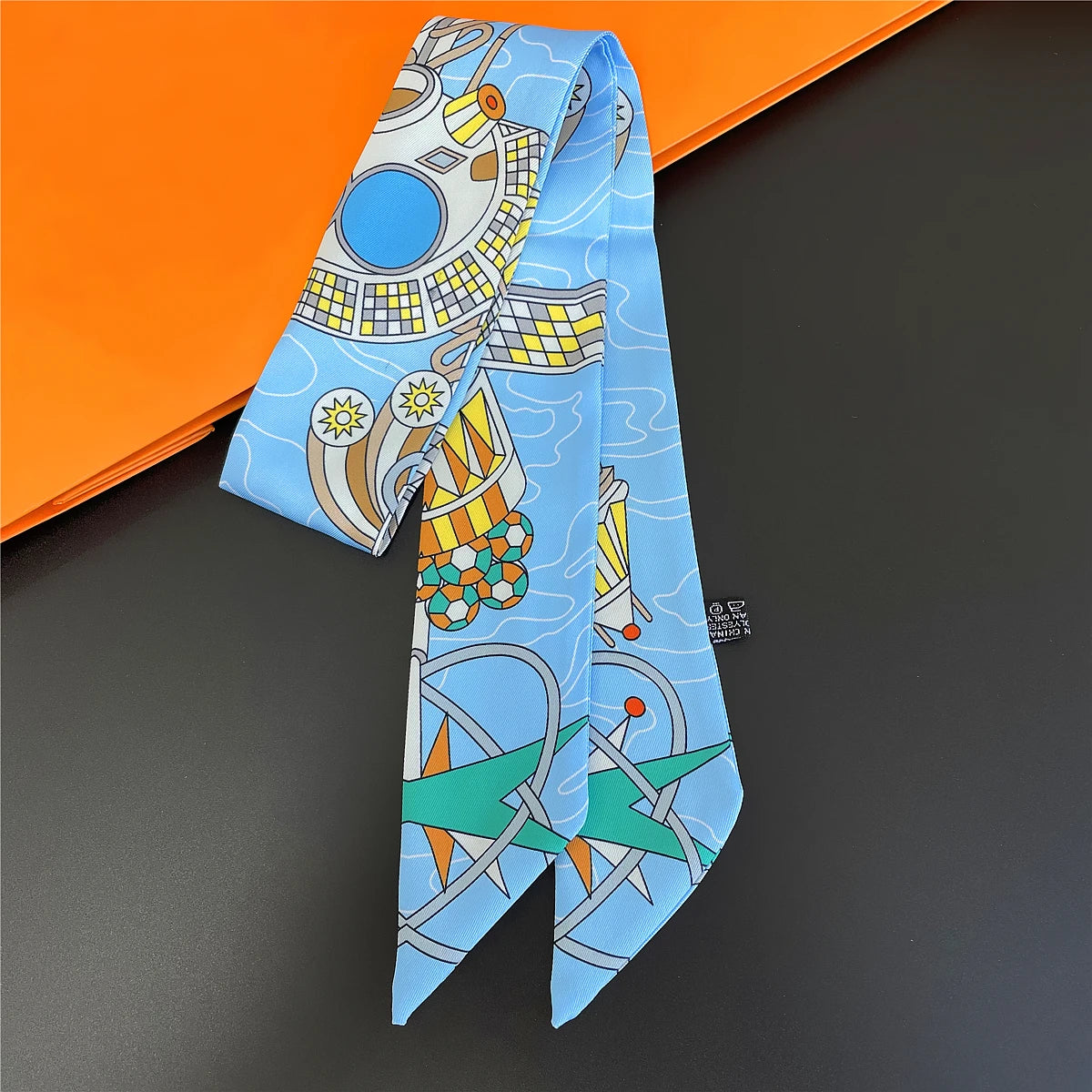 Colorful Printed Skinny Ribbon Scarf with Tie Ends