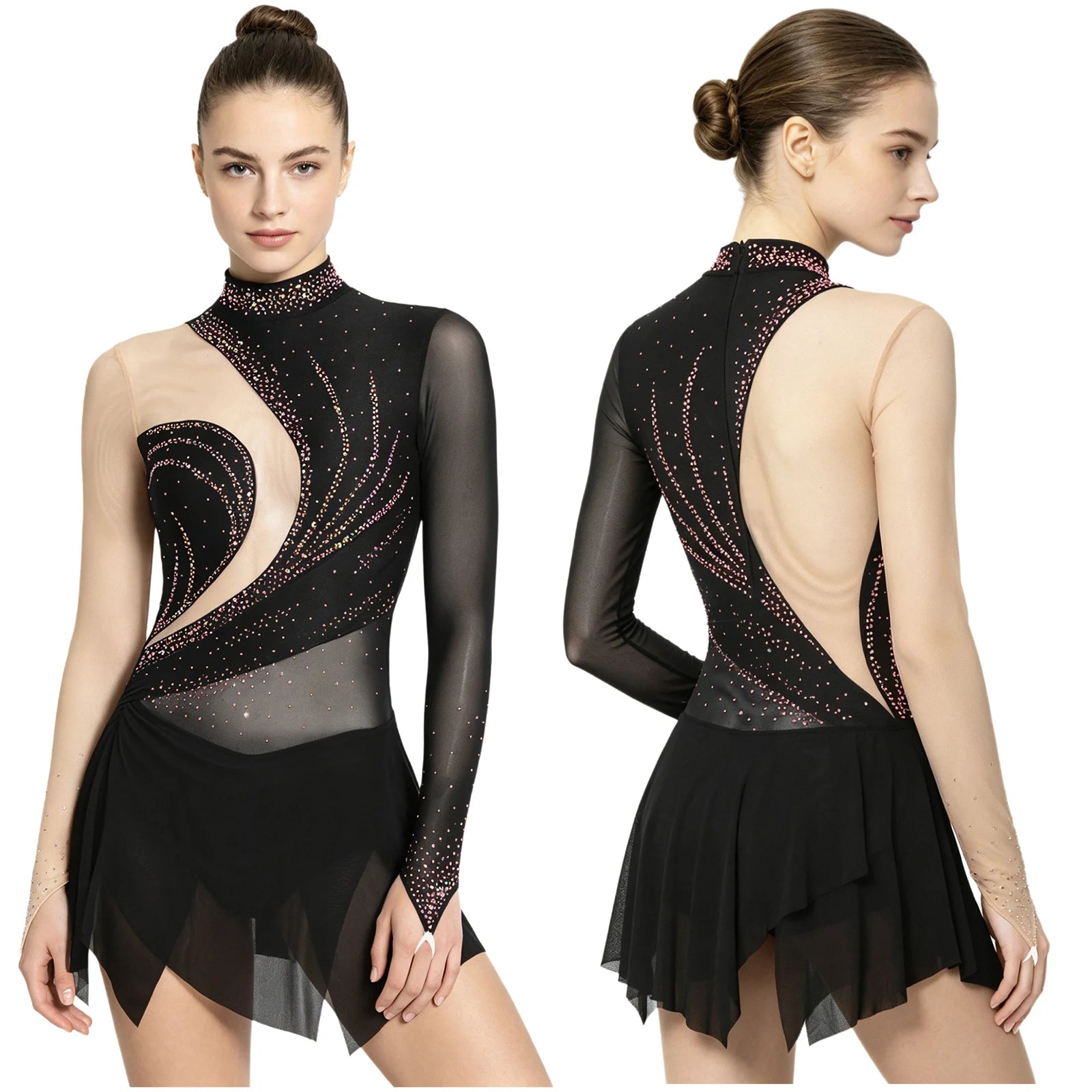 Women's Long Sleeve Rhinestone Dance Dress with Mesh and Open Back