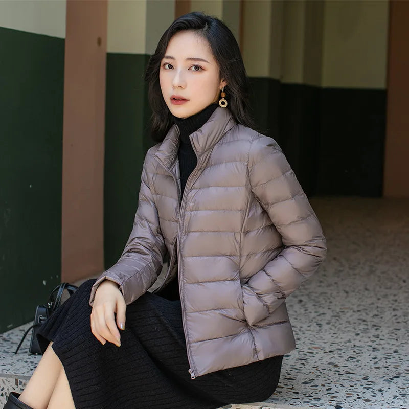 Women's Quilted Stand Collar Zip Front Jacket for Layered Outfits