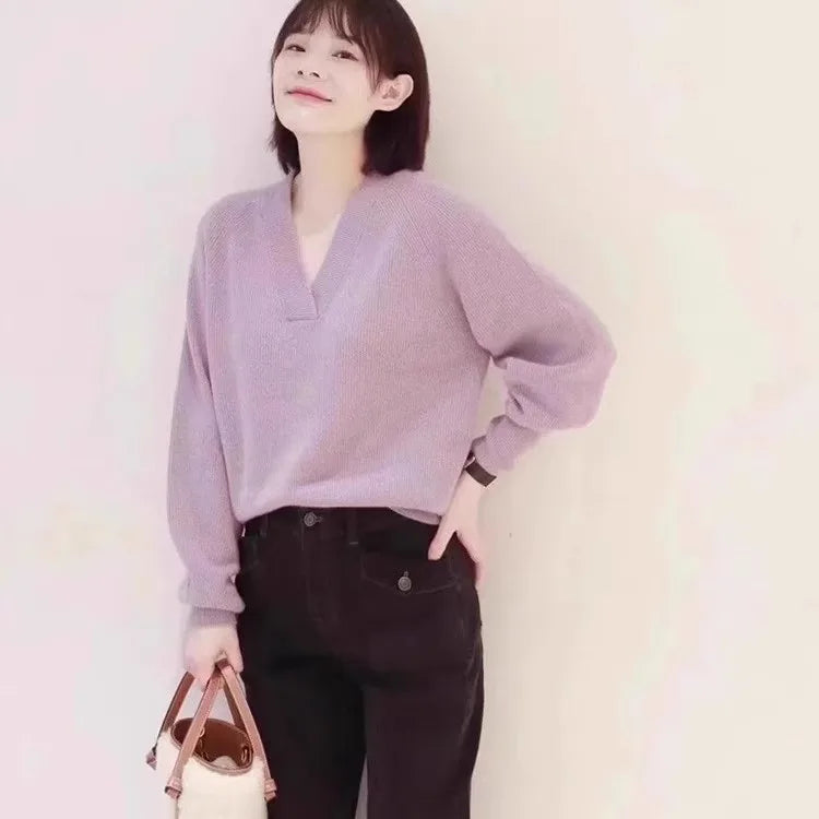 V-neck pure cashmere sweater women autumn and winter loose and versatile knitted sweater short wool base layer