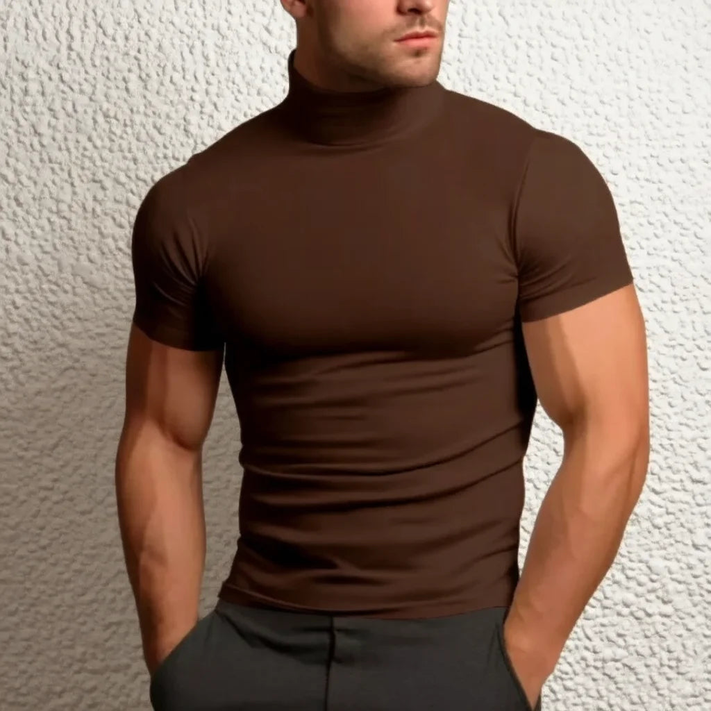 Solid Mock Neck Short Sleeve Fitted Compression T Shirt