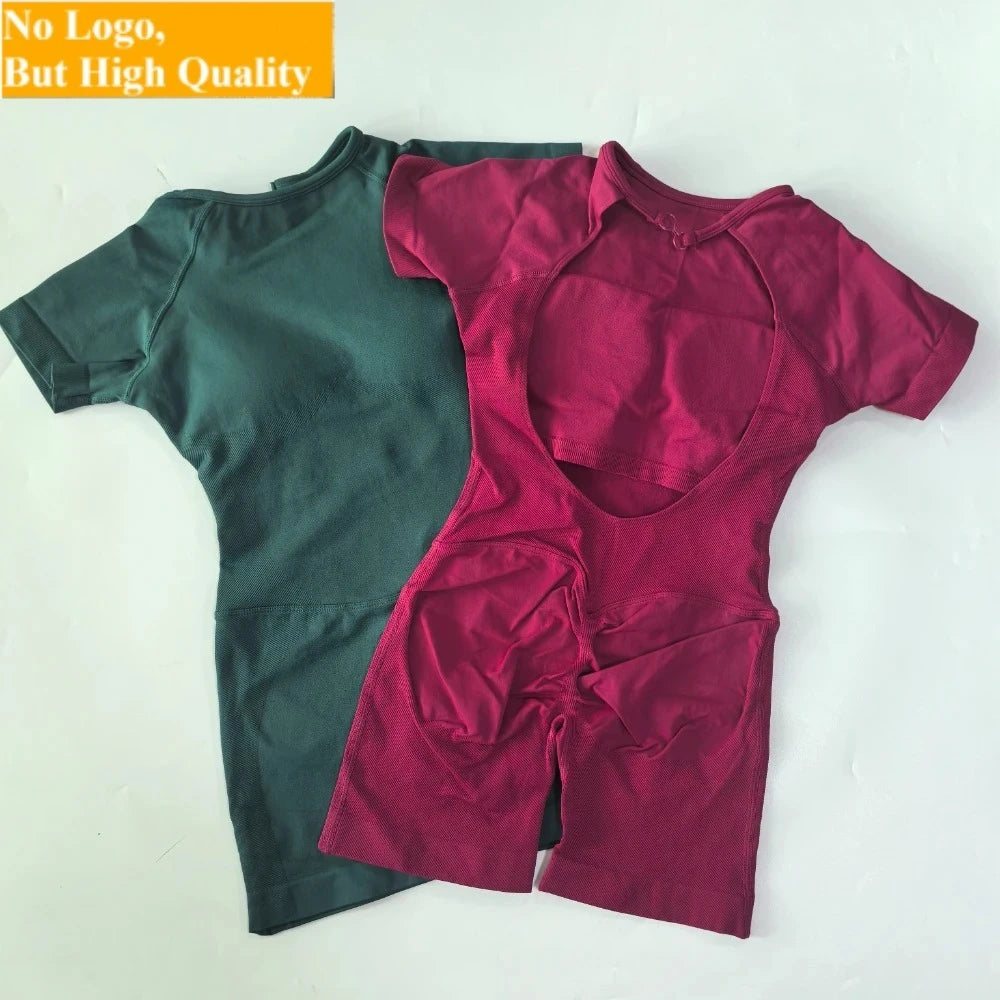 Women's Short Sleeve Polyester Blend Workout Romper with Open Back