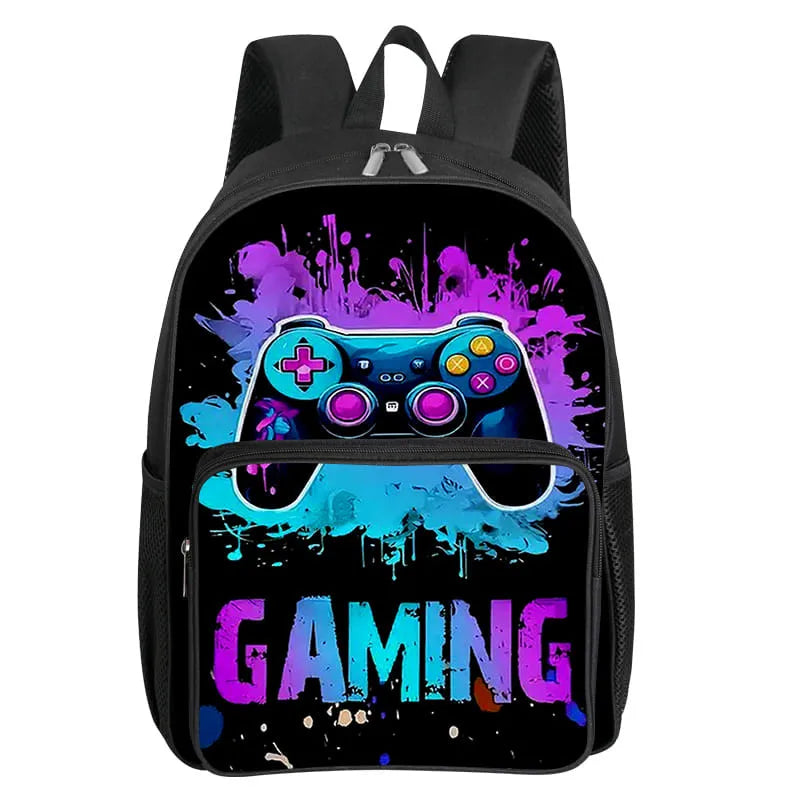 Children's Gamepad Print Backpack with Front Pocket and Twin Shoulder Straps