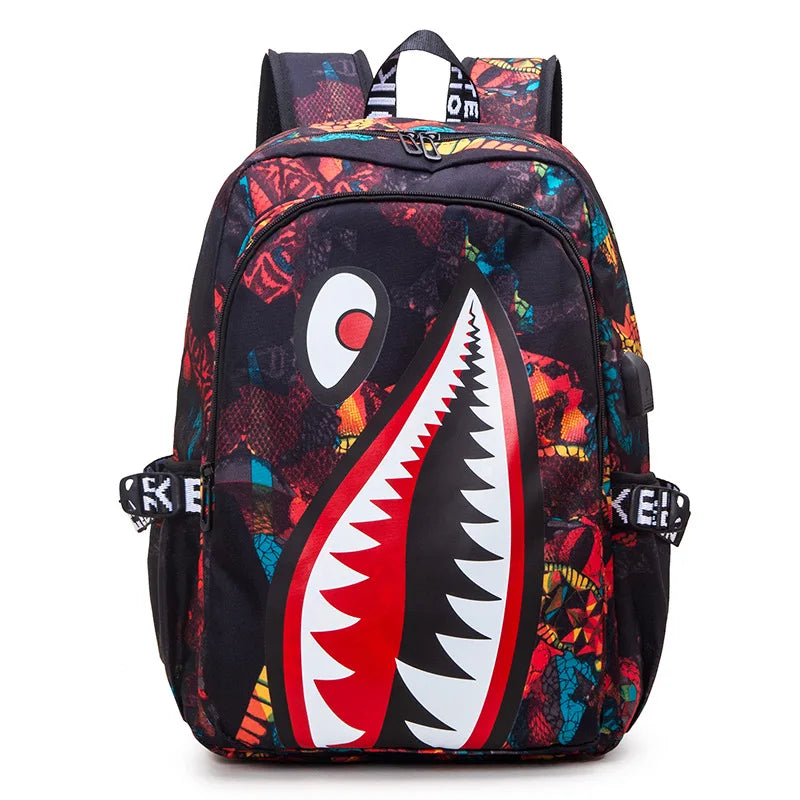 Children's Shark Print School Backpack with Zipper Opening and Front Pocket