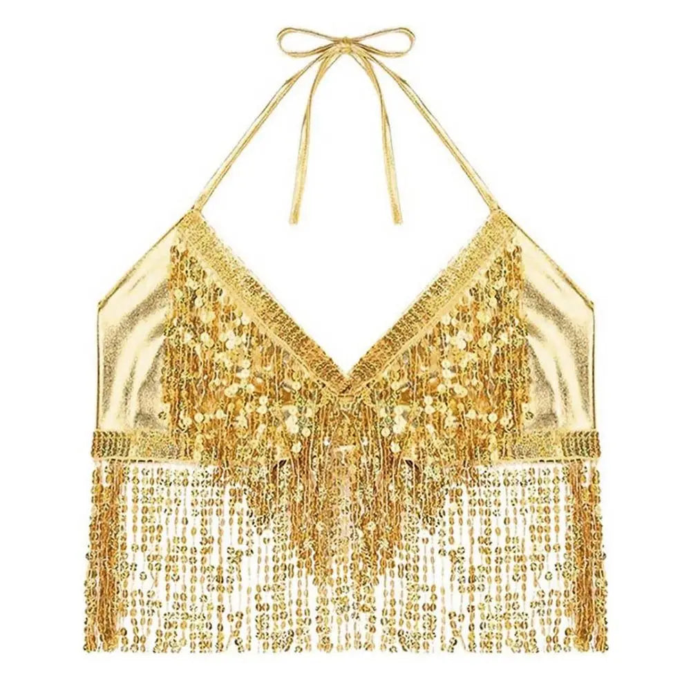 Women's Sequin Fringe Halter Crop Top for Belly Dance Outfits