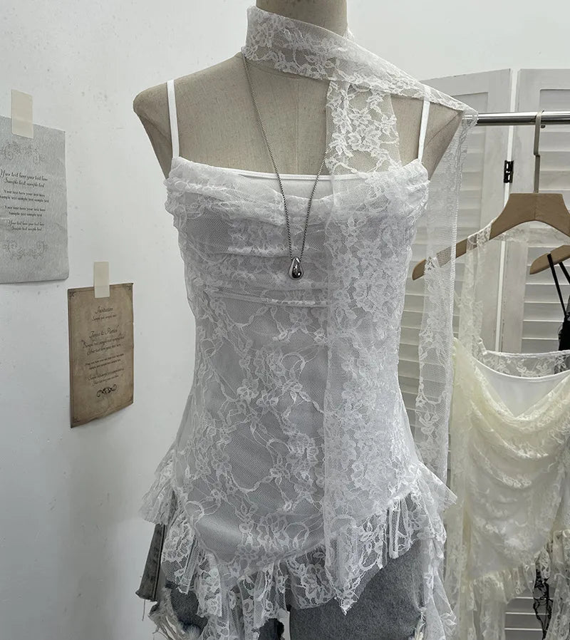 Women's Ruffled Polyester Camisole with Lace Trim and Asymmetric Style Options