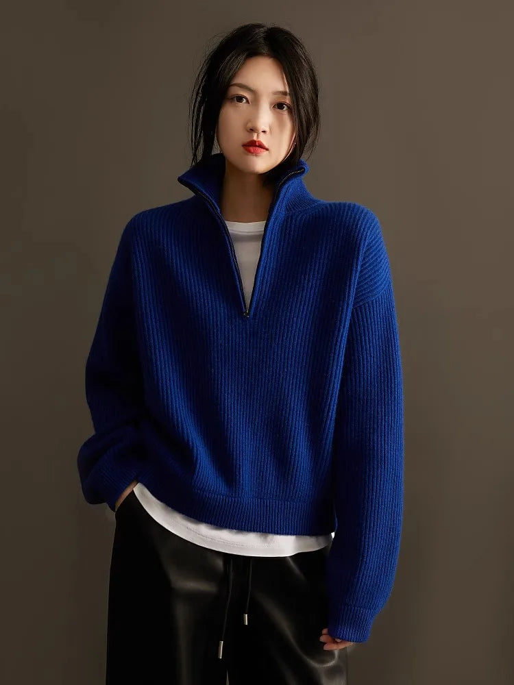 100% pure cashmere sweater women's half zip stand collar thick loose lapel pullover sweater