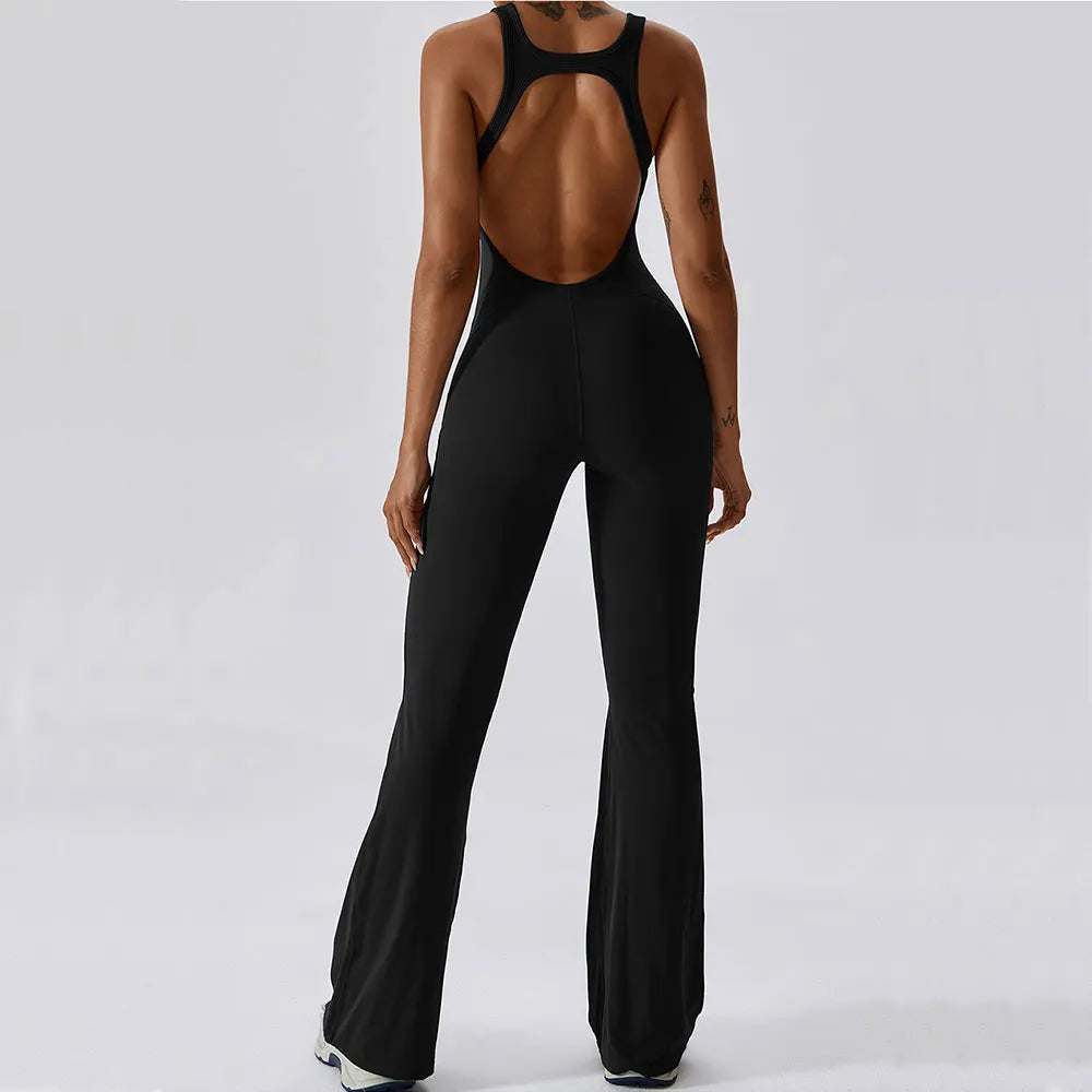 Women's Cross Strap Nylon Blend Workout Jumpsuit with Back Cutout and Long Legs