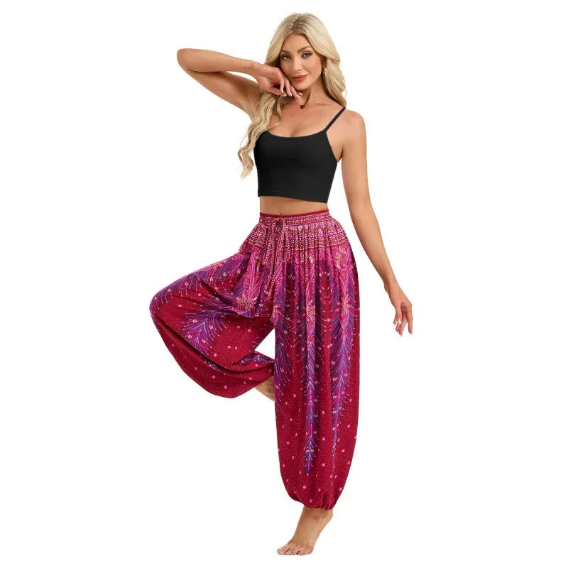 Women's Printed Rayon Harem Pants with Elastic Waist and Loose Gathered Legs