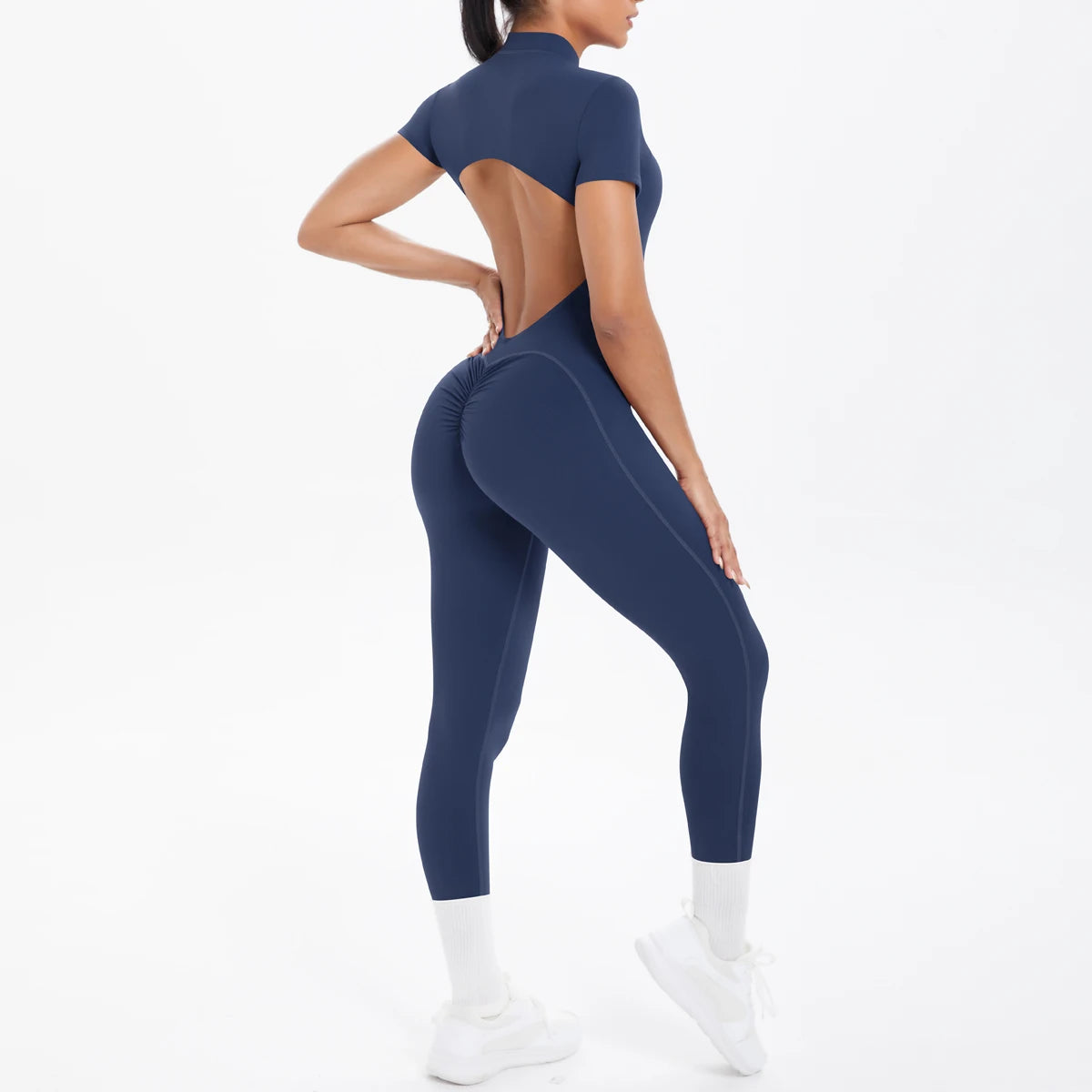 Women's Zip Front Nylon Blend Workout Jumpsuit with Open Back and Sleeve Options