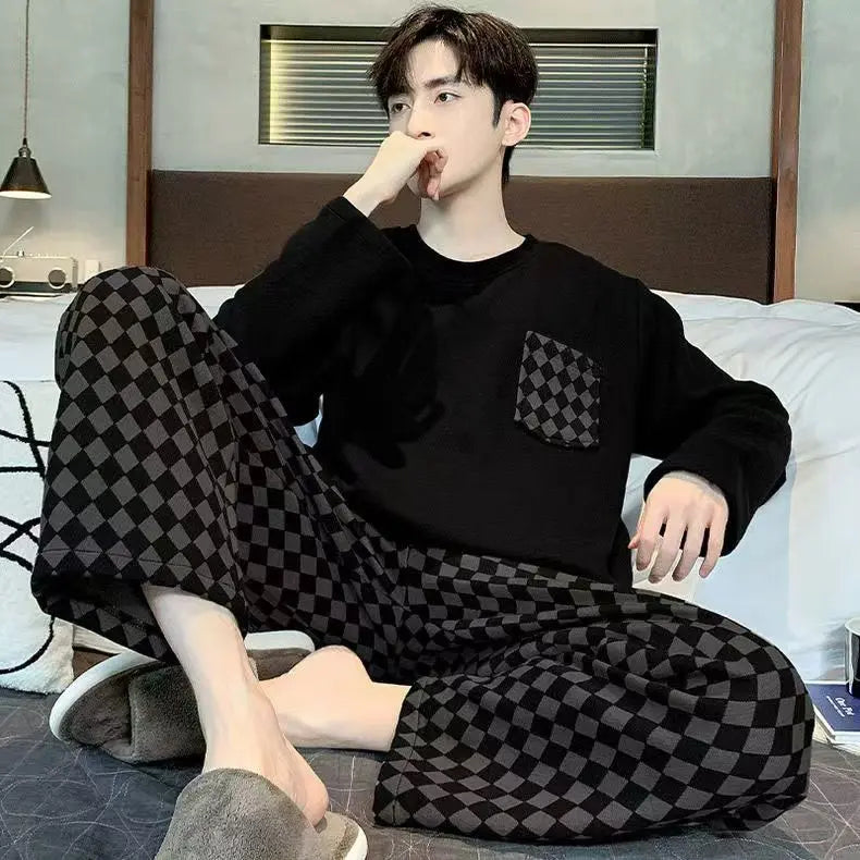 Men's Printed Long Sleeve Crew Neck Top and Pants Pajama Set