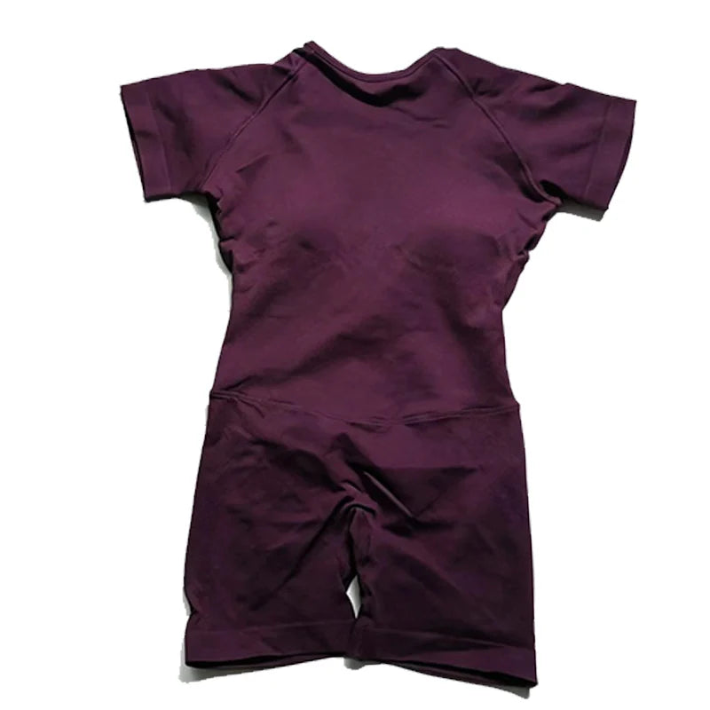 Women's Short Sleeve Nylon Workout Romper with Open Back and Fitted Shorts