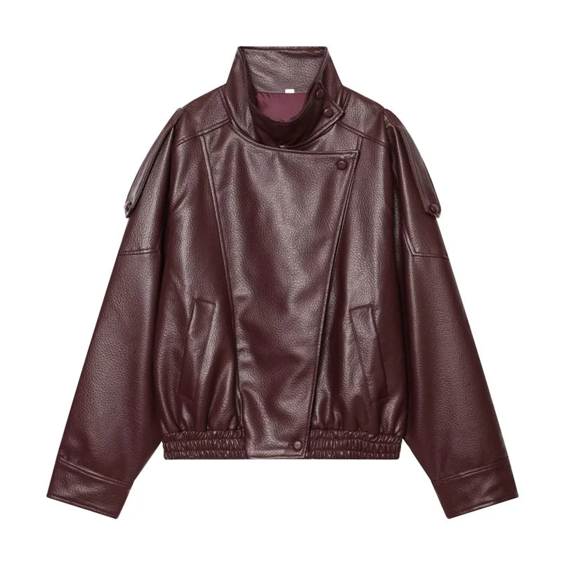 Women's Stand Collar Faux Leather Jacket for Layered Outfits