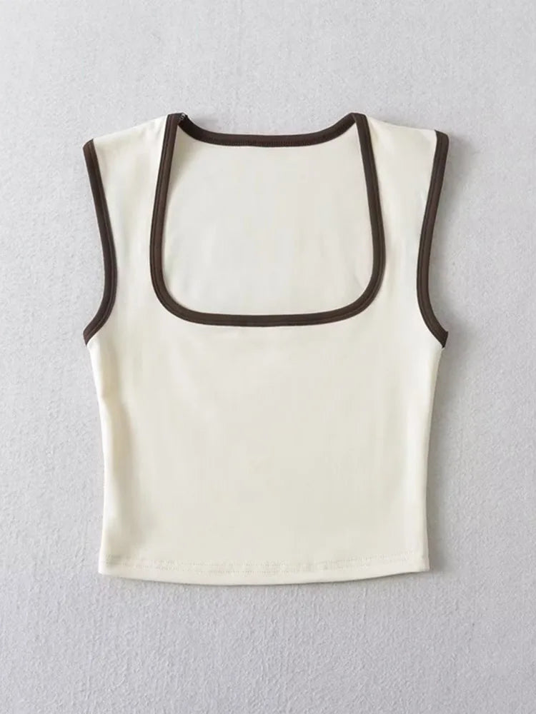 Women's Square Neck Crop Top with Contrast Trim and Cropped Length