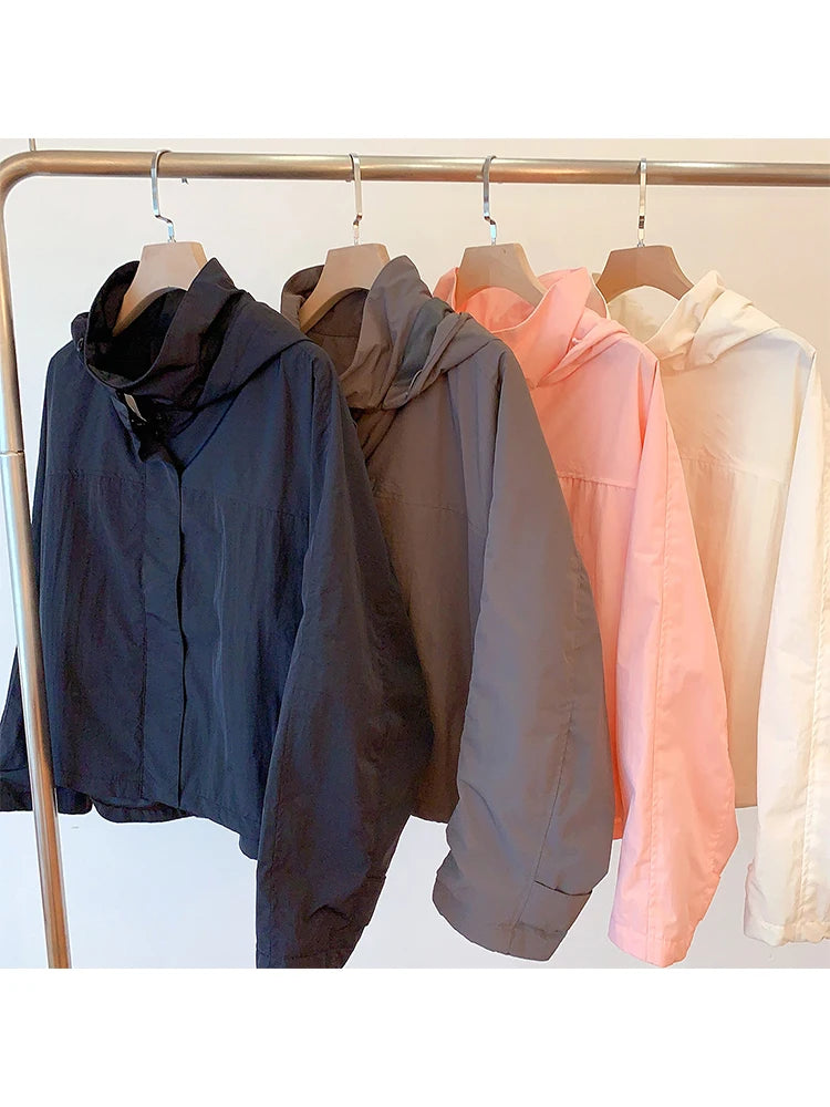 Women's Hooded Zip Front Drawstring Hem Jacket for Layered Outfits