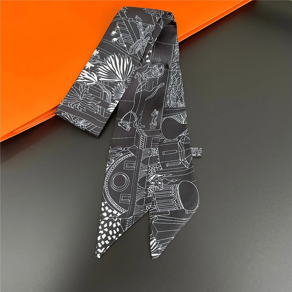 Horse Motif Skinny Scarf with Decorative Printed Patterns