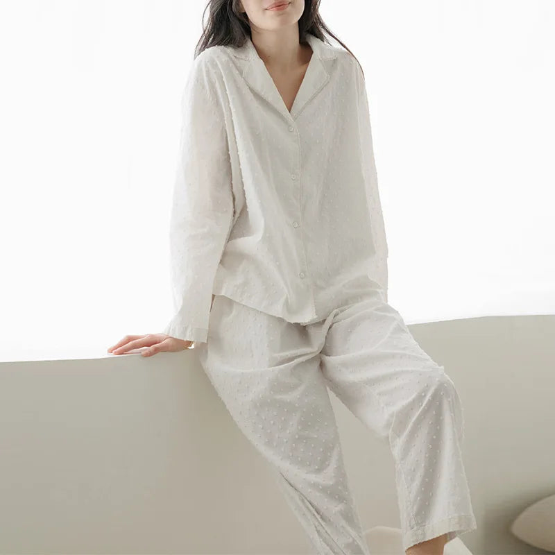 Women's Cotton Pajama Set with Long-Sleeve Collared Top and Full-Length Matching Pants