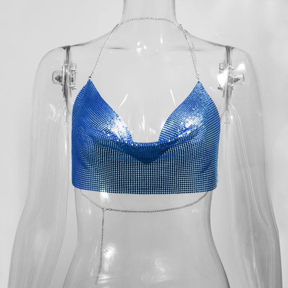 Women's Metallic Chain Mesh Halter Crop Top with Draped Neckline