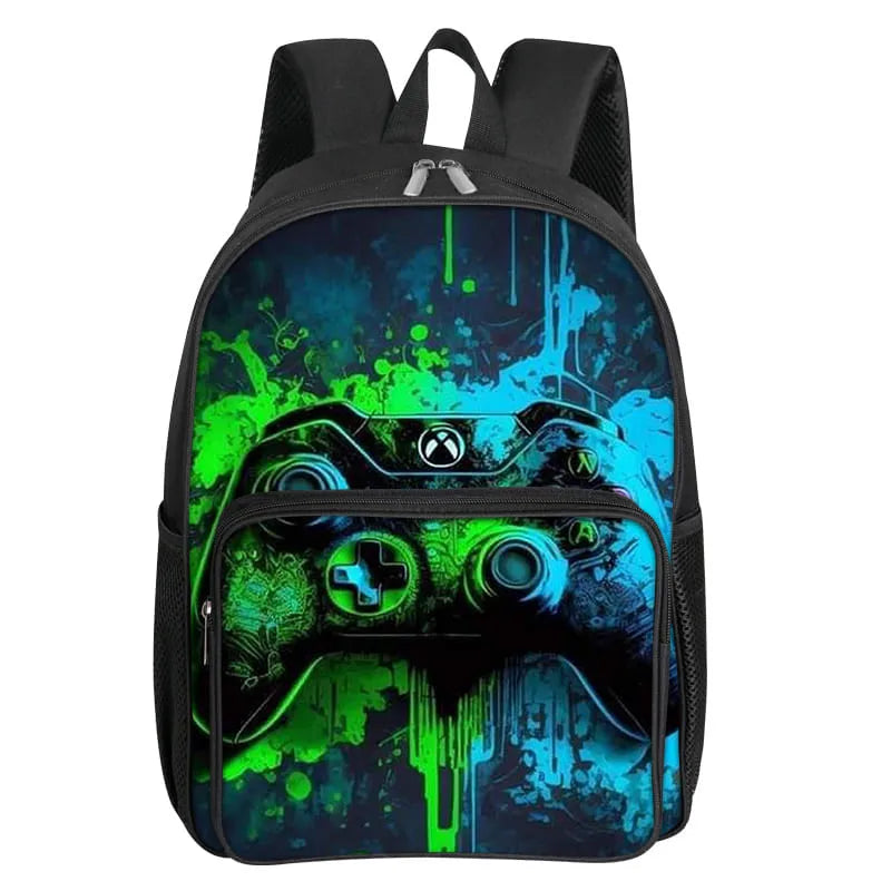 Children's Gamepad Print Backpack with Front Pocket and Twin Shoulder Straps